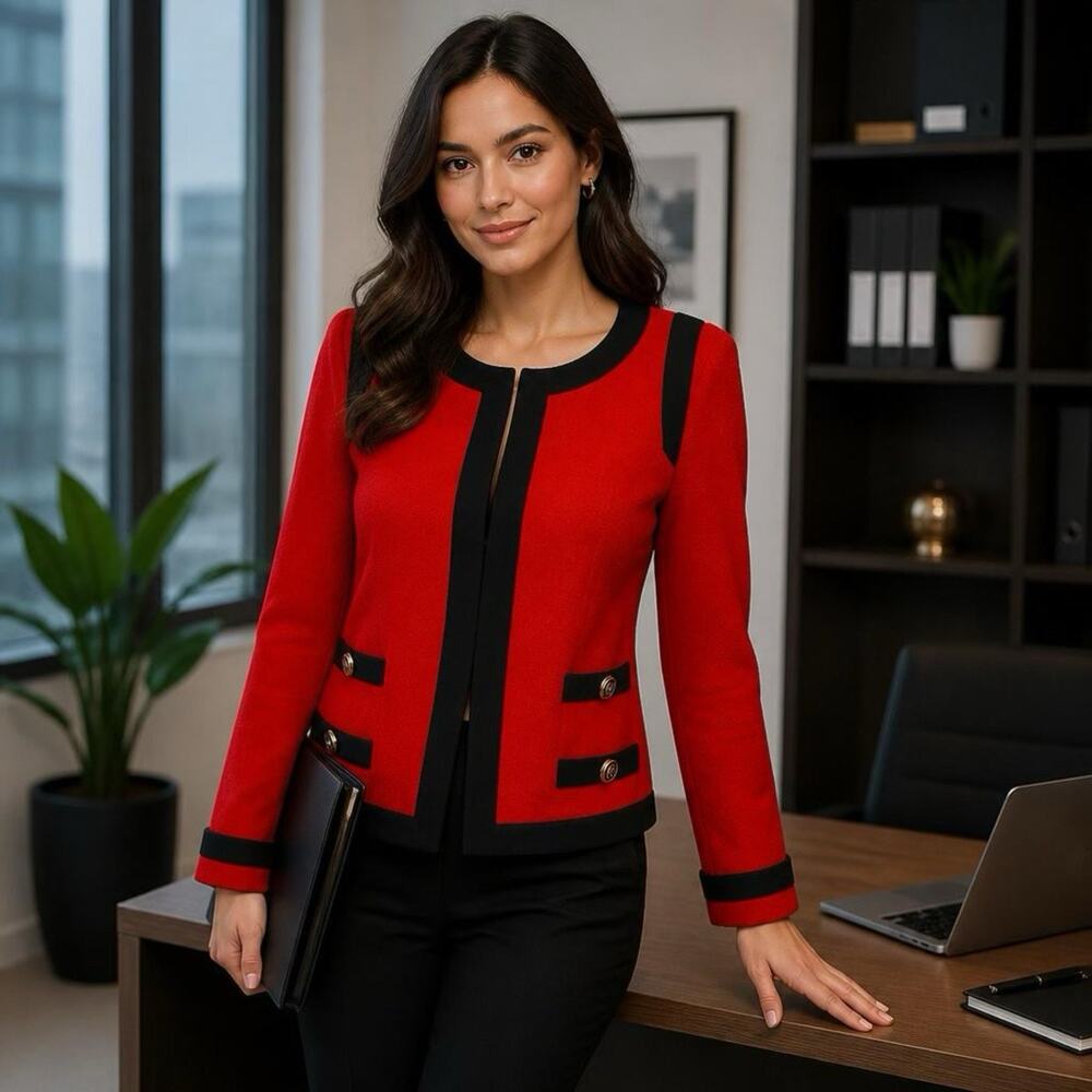 Weill Wool Tweed Jacket Coat Women 8 Red Black Button Academia Business Designer